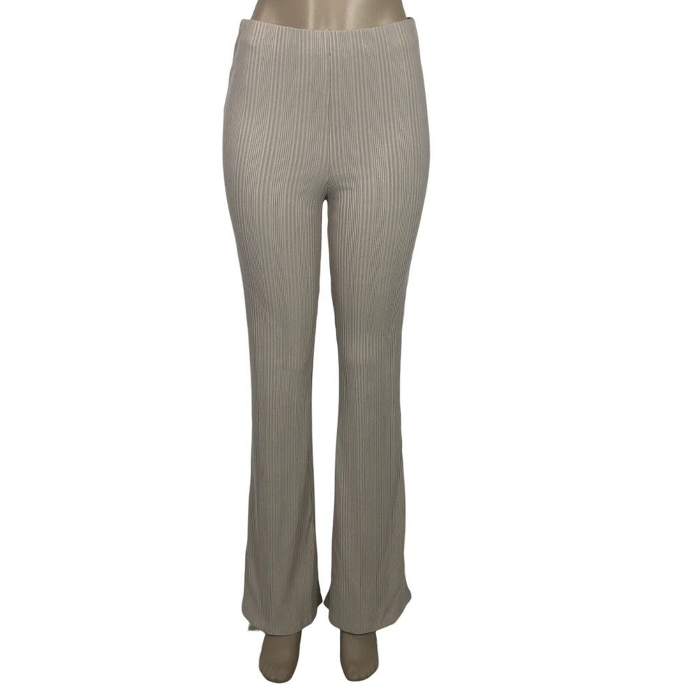 Elodie Ribbed Knit High Waist Palazzo Pants‎ Size L Nude Flare Leg Yoga Slimming
